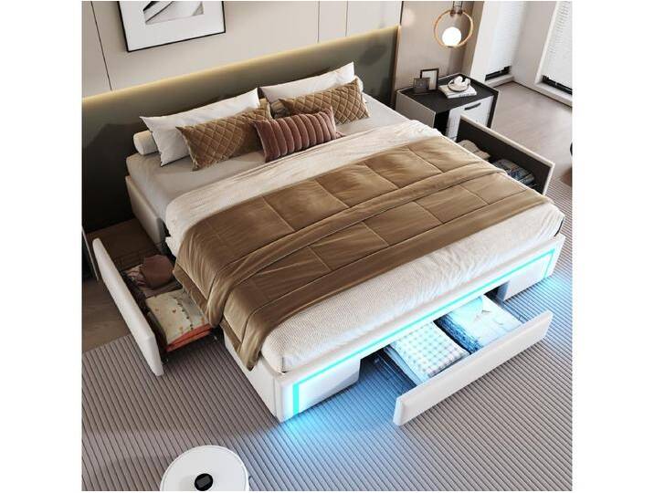 Doppelbettgestell – 180 x 200 cm – mit 3 Schubladen + LEDs – ohne Kopfteil – Kunstleder, Metall, MDF – Beige von Kauf-Unique Marketplace