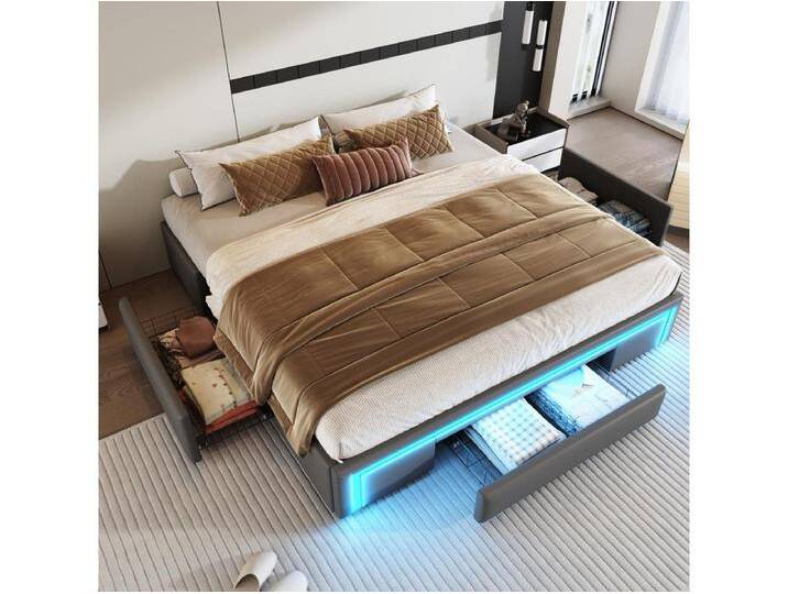 Doppelbettgestell – 180 x 200 cm – mit 3 Schubladen + LEDs – ohne Kopfteil – Kunstleder, Metall, MDF – Grau von Kauf-Unique Marketplace