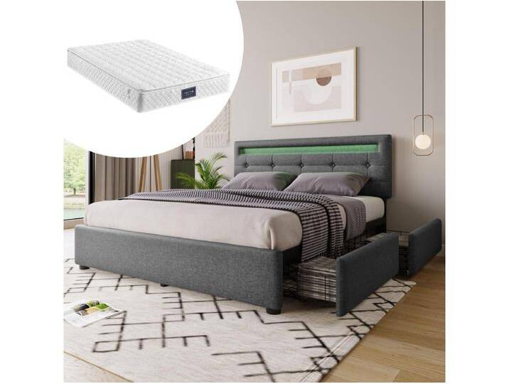 Doppeltes gepolstertes Bett 140 x 200 cm mit verstellbarem Kopfteil und 4 Schubladen – LEDs – graues Leinen + Matratze von Kauf-Unique Marketplace