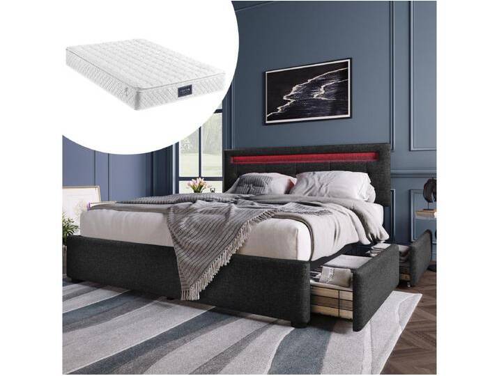 Doppeltes gepolstertes Bett 140 x 200 cm mit verstellbarem Kopfteil und 4 Schubladen – LEDs – schwarzes Leinen + Matratze Doppeltes gepolstertes Bett 140 x 200 cm mit verstellbarem Kopfteil und 4 Schubladen – LEDs – schwarzes Leinen + Matratze von Kauf-Unique Marketplace