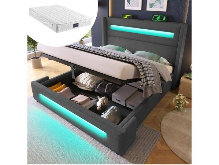 Doppeltes gepolstertes Stauraumbett - 140 x 200 cm - mit LEDs + USB Typ-C - mit Matratze - Leinen - grau von Kauf-Unique Marketplace