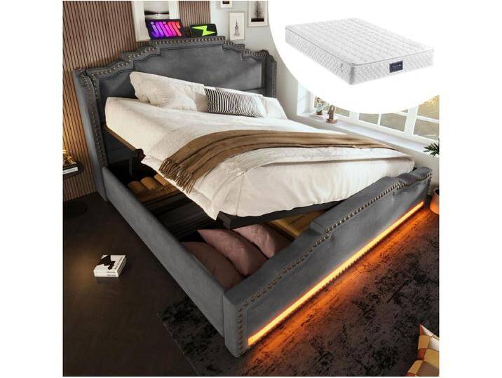 Doppeltes gepolstertes Stauraumbett - 140 x 200 cm - mit hydraulischen Stauraum-LEDs + USB - mit Matratze - Samt - grau von Kauf-Unique Marketplace