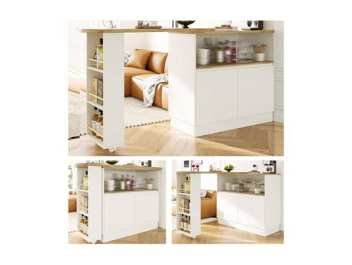 Drehbarer Barschrank - 4 Türen & Ablageflächen - MDF-Holz & Glas - Weiß + Natur von Kauf-Unique Marketplace