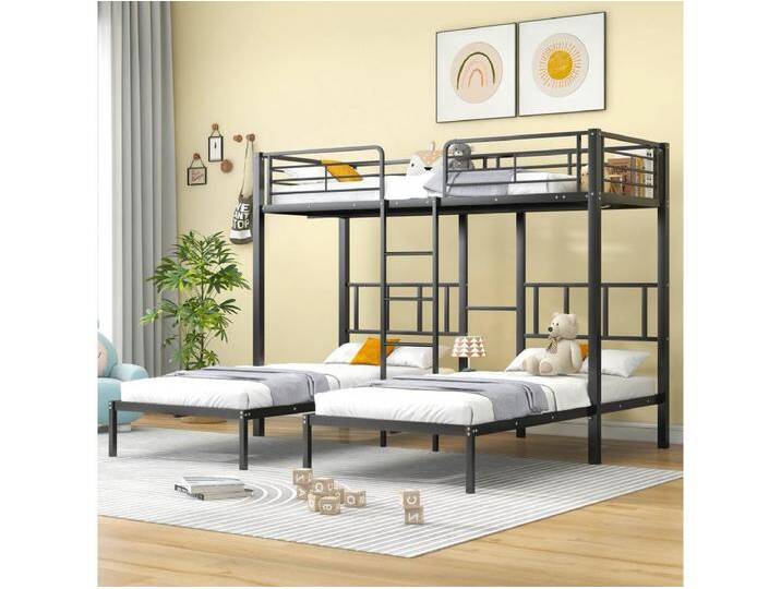 Dreibett-Etagenbett 3 x 90 x 200 cm mit Leiter und Nachttisch für Kinder – Metall – Schwarz (ohne Matratze) von Kauf-Unique Marketplace