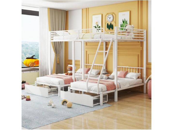 Dreibett-Etagenbett mit 2 Schubladen – Doppelbett 140 x 200 cm und 2 Einzelbetten 90 x 200 cm – Metall – Weiß von Kauf-Unique Marketplace