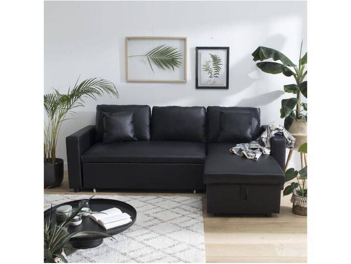 Ecksofa, ausziehbar, Kunstleder CLARK, 3-Sitzer, schwarz von Kauf-Unique Marketplace
