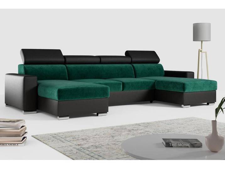 Ecksofa FOX U - verstellbare Kopfstützen, zwei Bettkästen, L-förmige Ecke mit Schlaffunktion, Armlehnen - Dunkelgrün, Schwarz - Velvet, Kunstleder Ecksofa FOX U - verstellbare Kopfstützen, zwei Bettkästen, L-förmige Ecke mit Schlaffunktion, Armlehnen - Dunkelgrün, Schwarz - Velvet, Kunstleder von Kauf-Unique Marketplace