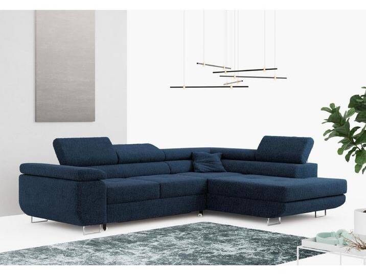 Ecksofa GUSTAW - mit Schlaffunktion, verstellbare Kopfstützen, Metallbeine - Dunkelblau Boucle - Ecke Rechts von Kauf-Unique Marketplace