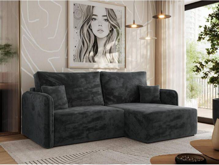 Ecksofa MESTO - Schlaffunktion und Bettkasten, L-form Couch für das Wohnzimmer, Armlehnen - Dunkelgrau Plüsch - Ecke Rechts von Kauf-Unique Marketplace