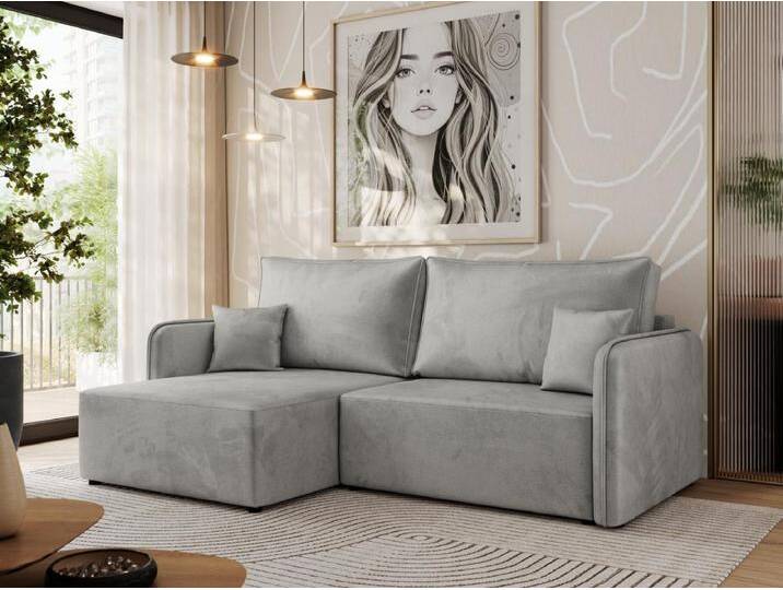 Ecksofa MESTO - Schlaffunktion und Bettkasten, L-form Couch für das Wohnzimmer, Armlehnen - Hellgrau Velvet - Ecke Links von Kauf-Unique Marketplace