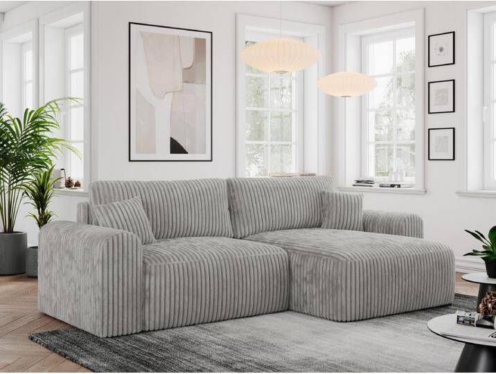 Ecksofa NELSON - Schlafcouch mit Armlehnen und Bettkasten, universelles L-förmige Ecksofa - Hellgrau Cord von Kauf-Unique Marketplace