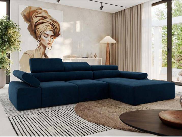 Ecksofa RILASSO - L-förmige Ecke mit Relax-funktion, elektrisch verstellbarer Sitz, Armlehnen - Dunkelblau Velvet - Ecke Rechts von Kauf-Unique Marketplace