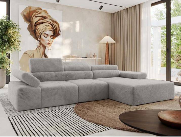 Ecksofa RILASSO - L-förmige Ecke mit Relax-funktion, elektrisch verstellbarer Sitz, Armlehnen - Hellgrau Plüsch - Ecke Rechts von Kauf-Unique Marketplace