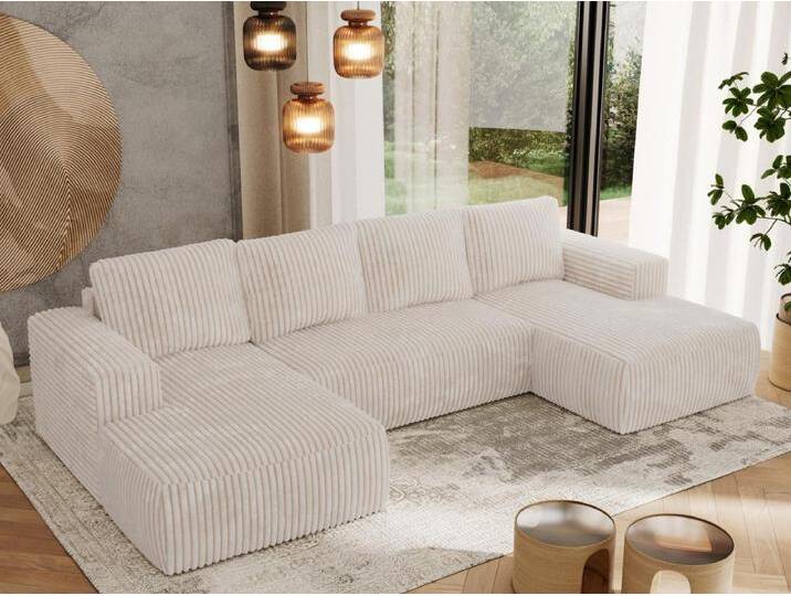 Ecksofa TRENTINO U - mit Schlaffunktion und Bettkasten, U-förmiges Wohnlandschaft, Armlehnen - Beige Cord von Kauf-Unique Marketplace