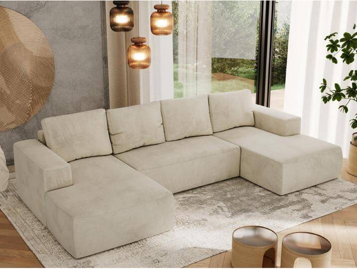 Ecksofa TRENTINO U - mit Schlaffunktion und Bettkasten, U-förmiges Wohnlandschaft, Armlehnen - Beige Velvet von Kauf-Unique Marketplace