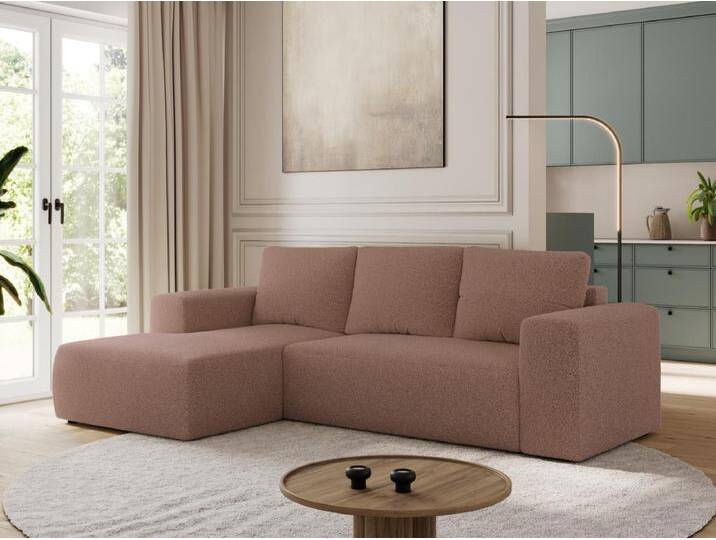 Ecksofa TRENTINO - mit Schlaffunktion und Bettkasten, L-form Couch, lose Kissen und Armlehnen - Rosa Boucle - Ecke Links von Kauf-Unique Marketplace