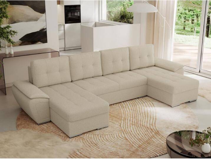 Ecksofa UMBRIA U - XXL Wohnlandschaft, mit Schlaffunktion und Bettkasten, genähte Ecke - Beige Boucle von Kauf-Unique Marketplace