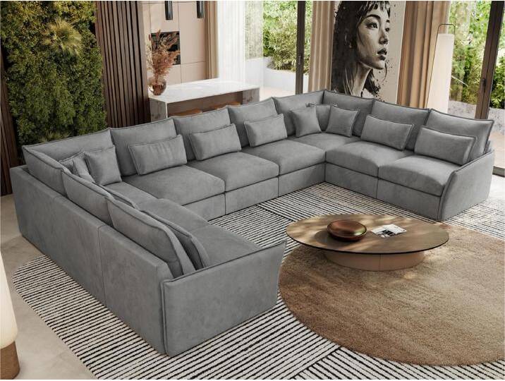 Ecksofa VERSO U9M - XXL Wohnlandschaft Ecke, modulare, Armlehnen und lose Kissen - Hellgrau Velvet von Kauf-Unique Marketplace