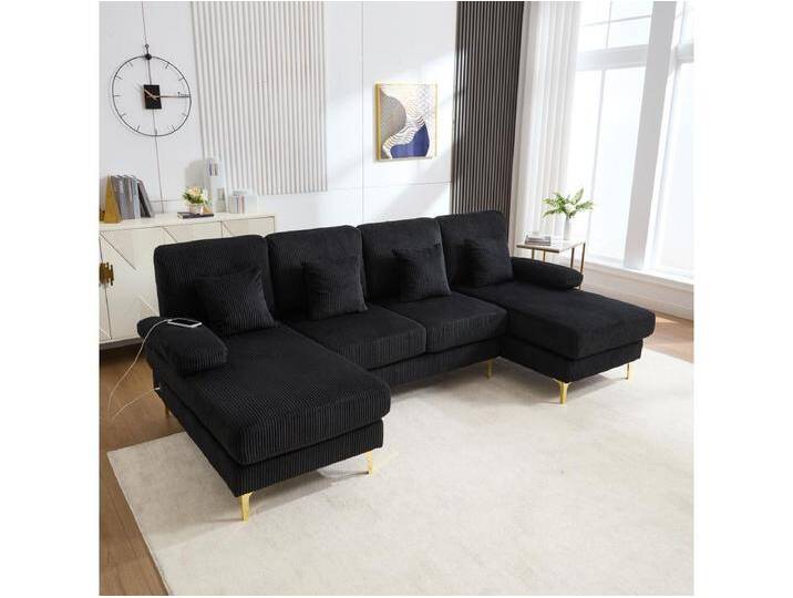 Ecksofa aus Samt – Ecksofa mit LED-Beleuchtung und 4 Kissen – USB-Anschluss und Armlehnen – schwarz von Kauf-Unique Marketplace