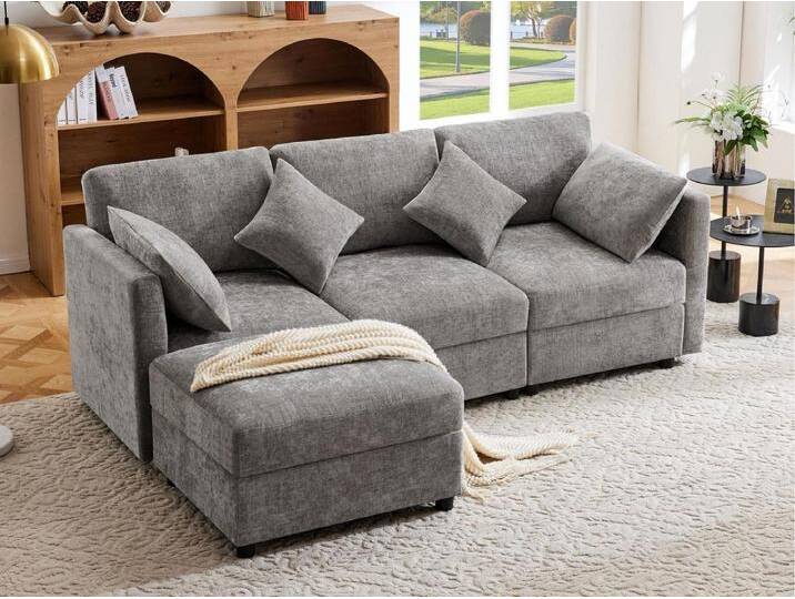 Ecksofa in L-Form - 3-sitzig - mit Fußstütze - 4 Kissen - verstellbare Armlehnen - Grau von Kauf-Unique Marketplace