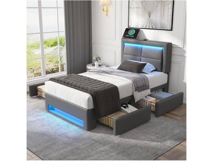 Einzelbett 90 x 190 cm – Kinderbett mit vier Schubladen und LED-Beleuchtung – USB-Anschluss – graues PU – matratze nicht enthalten Einzelbett 90 x 190 cm – Kinderbett mit vier Schubladen und LED-Beleuchtung – USB-Anschluss – graues PU – matratze nicht enthalten von Kauf-Unique Marketplace