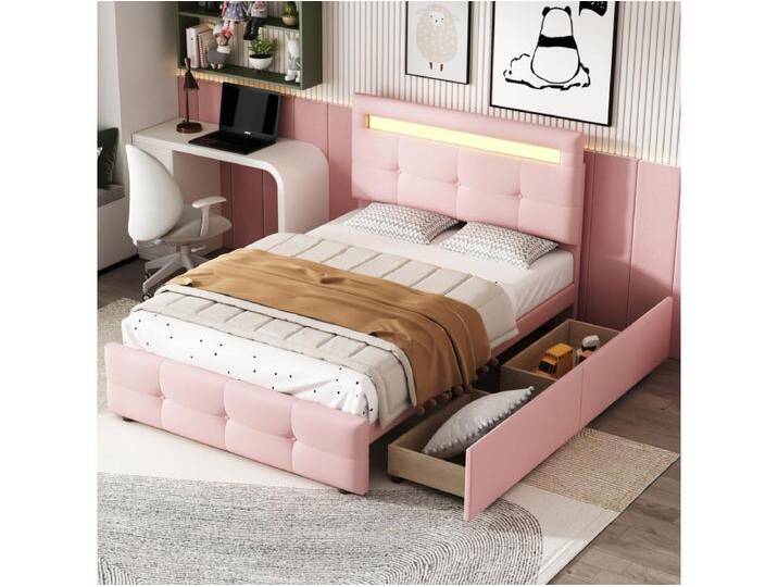 Einzelbett 90x200cm - Gepolstertes Kinderbett mit 2 Schubladen, Lattenrost und LED-Kopfteil - Rosa Leinen Einzelbett 90x200cm - Gepolstertes Kinderbett mit 2 Schubladen, Lattenrost und LED-Kopfteil - Rosa Leinen von Kauf-Unique Marketplace