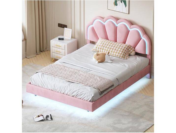 Einzelpolsterbett - 140 x 200 cm - LEDs + Kopfteil - Samt - Rosa von Kauf-Unique Marketplace