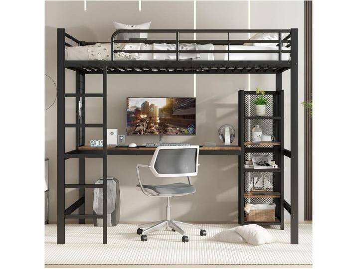 Eisen-Hochbett, 90 x 200 cm, mit Tisch und Ablageflächen, MDF + Metall, Schwarz von Kauf-Unique Marketplace