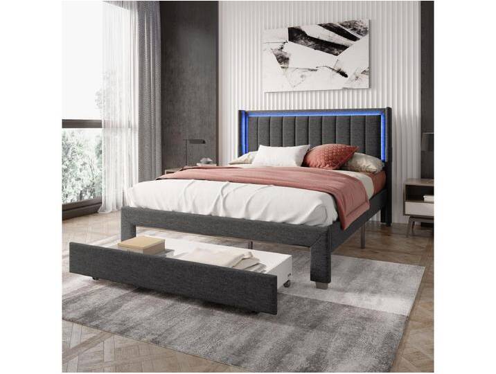 Erwachsenenbett 140 x 200 cm – LED und 1 große Schublade – Lattenrost – USB- und Typ-C-Anschluss – Leinen – Grau von Kauf-Unique Marketplace
