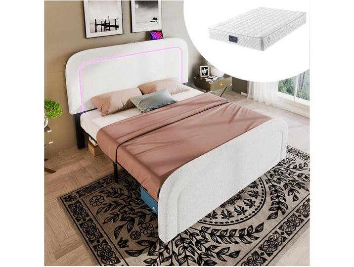 Erwachsenenbett 140 x 200 cm mit verstellbarem Kopfteil – USB + Typ C + LEDs – Sherpa-Stoff – Weiß – Grau + Matratze Erwachsenenbett 140 x 200 cm mit verstellbarem Kopfteil – USB + Typ C + LEDs – Sherpa-Stoff – Weiß – Grau + Matratze von Kauf-Unique Marketplace