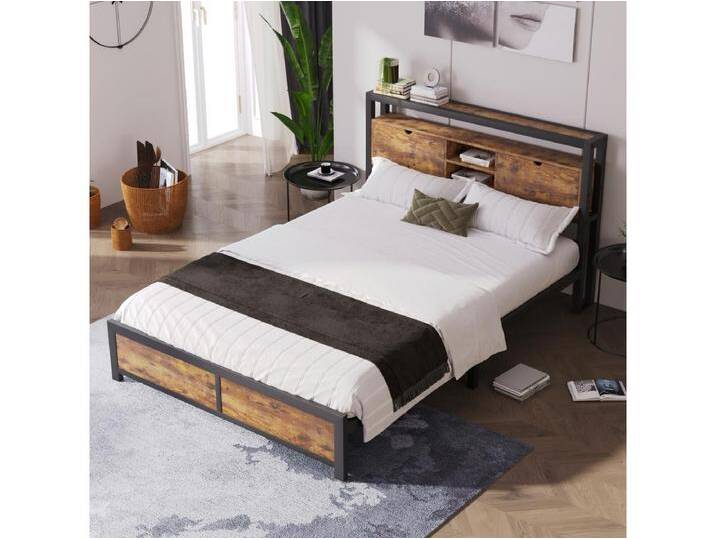 Erwachsenenbett 140x200 cm - Jugendbett mit Stauraumkopfteil und Metalllattenrost - natur von Kauf-Unique Marketplace