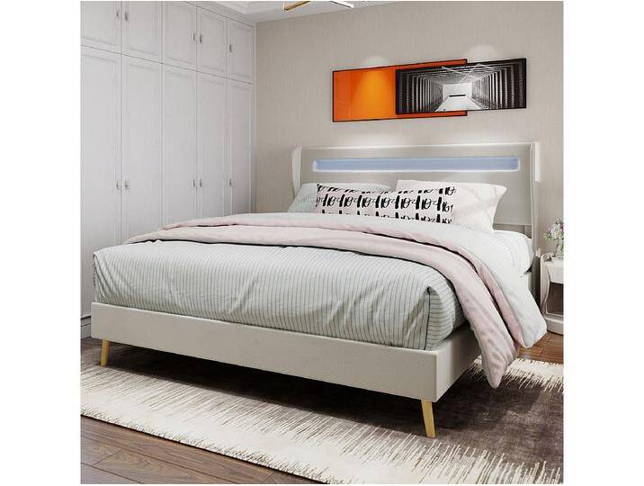 Erwachsenenbett 160 x 200 cm – Doppelbett mit LED-Beleuchtung und weichem Kopfteil – beiger Samt – Matratze nicht enthalten von Kauf-Unique Marketplace