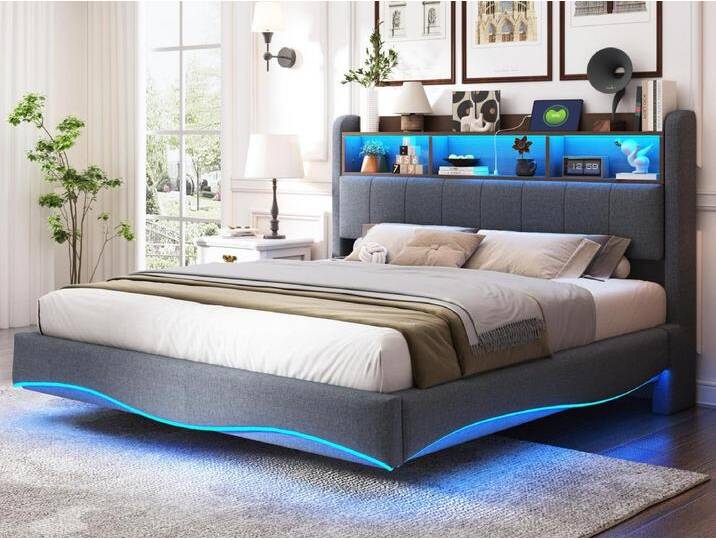Erwachsenenbett 160 x 200 cm aus Leinenstoff – Kopfteil mit Stauraum, LED und Steckdosen – Grau von Kauf-Unique Marketplace