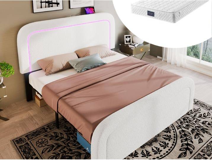 Erwachsenenbett 160 x 200 cm mit verstellbarem Kopfteil – USB + Typ C + LEDs – Sherpa-Stoff – weiß + Matratze von Kauf-Unique Marketplace