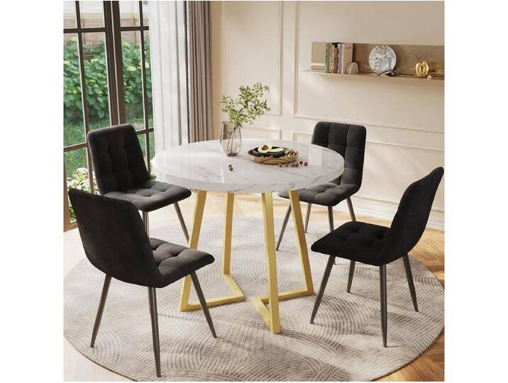 Esstisch-Set - 80 x 58,7 x 75 cm - 1 Tisch mit 4 Stühlen - goldene Metallbeine - Samt + Metall + MDF - weiß + schwarz von Kauf-Unique Marketplace