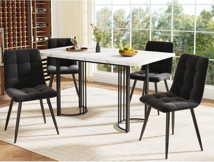 Esstisch mit 4 Stühlen - Platte aus MDF, Metallgestell und Samtkissen - Weiß & Schwarz von Kauf-Unique Marketplace
