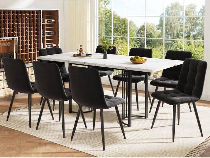 Esstisch mit 8 Stühlen - Platte aus MDF, Metallgestell und Samtkissen - Weiß & Schwarz von Kauf-Unique Marketplace