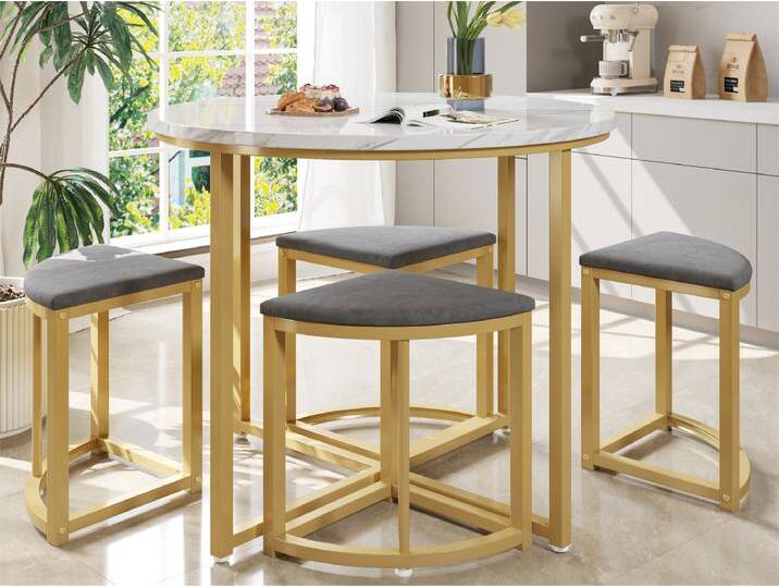 Esstisch und 4 Stühle – MDF-Platte, vergoldetes Eisengestell und graue Samtkissen – Weiß und Gold von Kauf-Unique Marketplace