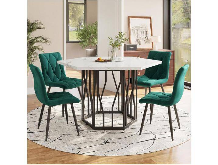Esstisch- und Stuhlset - 115,5 x 100 x 75 cm - 1 sechseckiger Tisch + 4 Stühle - MDF + Stahl - grün von Kauf-Unique Marketplace