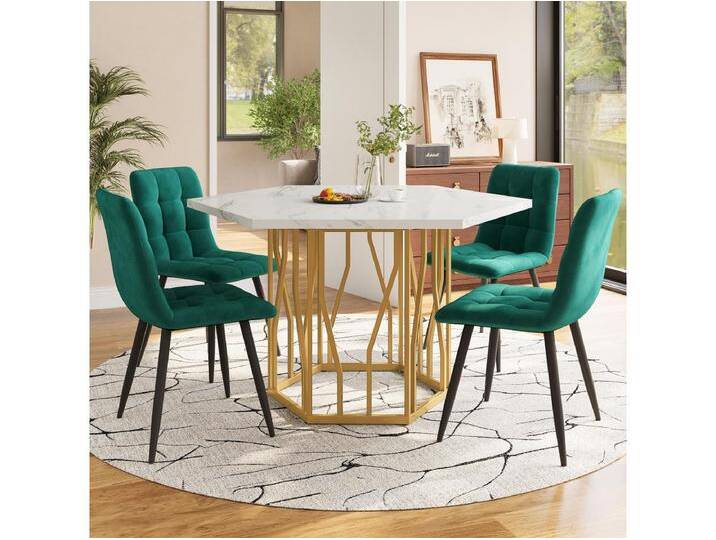 Esstisch- und Stuhlset - 115,5 x 100 x 75 cm - 1 sechseckiger Tisch mit goldenen Beinen + 4 Stühle - MDF + Stahl - Gold + Grün von Kauf-Unique Marketplace