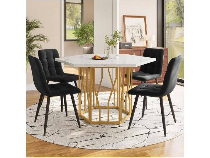 Esstisch- und Stuhlset - 115,5 x 100 x 75 cm - 1 sechseckiger Tisch mit goldenen Beinen + 4 Stühle - MDF + Stahl - Gold + Schwarz von Kauf-Unique Marketplace