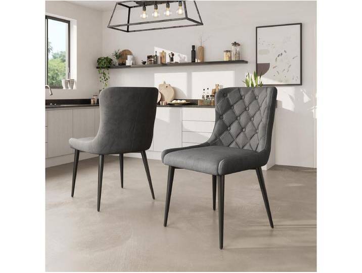 Esszimmerstühle mit Rückenlehne 2er-Set, Küchenstuhl mit Samtbezug, Polsterstuhl aus Metall, Schwarze Eisenbeine, Dunkelgrau von Kauf-Unique Marketplace