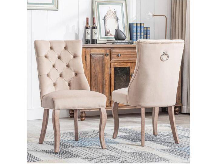 Esszimmerstuhl 2er-Set, Beige Samt, hohe Rückenlehne, mit Knopfsteppung, Massivholz-Gestell von Kauf-Unique Marketplace