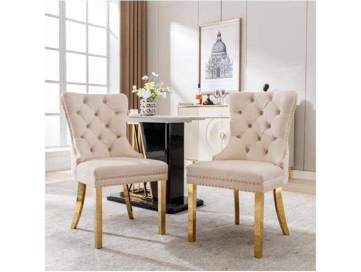Esszimmerstuhl 2er-Set, Polsterstuhl mit Nagelkopfbesatz, Stützbeine aus vergoldetem Edelstahl, Samtbezug, Beige/Gold, mit Türklopfer-Design Esszimmerstuhl 2er-Set, Polsterstuhl mit Nagelkopfbesatz, Stützbeine aus vergoldetem Edelstahl, Samtbezug, Beige/Gold, mit Türklopfer-Design von Kauf-Unique Marketplace
