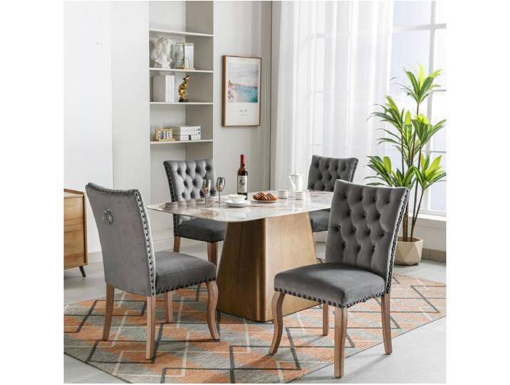Esszimmerstuhl 4er-Set, Polsterstuhl mit Nagelkopfbesatz, Massivholz-Beinen, Samtbezug, Grau, with Türklopfer-Design von Kauf-Unique Marketplace