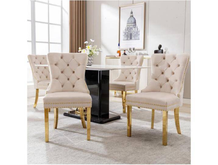 Esszimmerstuhl 4er-Set, Polsterstuhl mit Nagelkopfbesatz, Stützbeine aus vergoldetem Edelstahl, Samtbezug, Beige/Gold, mit Türklopfer-Design Esszimmerstuhl 4er-Set, Polsterstuhl mit Nagelkopfbesatz, Stützbeine aus vergoldetem Edelstahl, Samtbezug, Beige/Gold, mit Türklopfer-Design von Kauf-Unique Marketplace