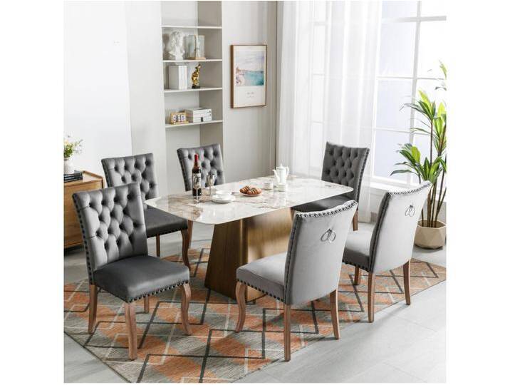 Esszimmerstuhl 6er-Set, Polsterstuhl mit Nagelkopfbesatz, Massivholz-Beinen, Samtbezug, Grau, with Türklopfer-Design Esszimmerstuhl 6er-Set, Polsterstuhl mit Nagelkopfbesatz, Massivholz-Beinen, Samtbezug, Grau, with Türklopfer-Design von Kauf-Unique Marketplace