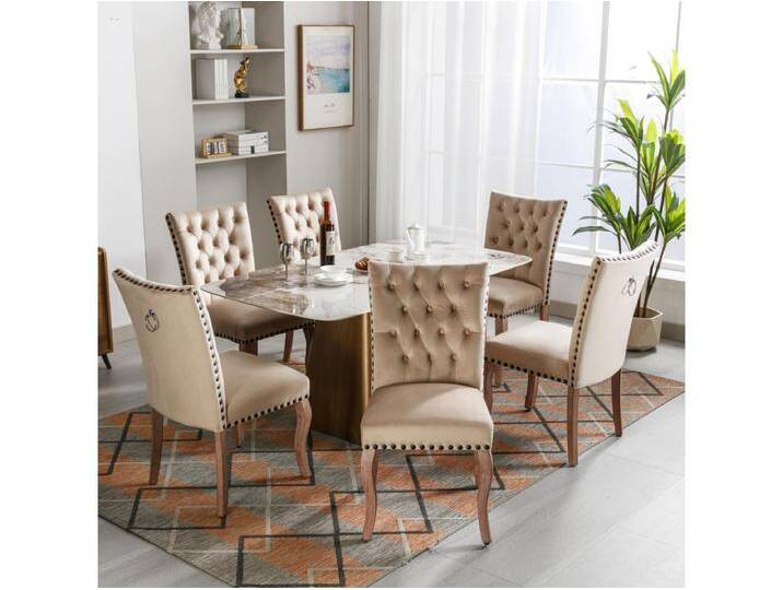 Esszimmerstuhl 6er-Set, Polsterstuhl mit Nagelkopfbesatz, Massivholz-Beinen, Samtbezug, Helles Kamel, with Türklopfer-Design Esszimmerstuhl 6er-Set, Polsterstuhl mit Nagelkopfbesatz, Massivholz-Beinen, Samtbezug, Helles Kamel, with Türklopfer-Design von Kauf-Unique Marketplace