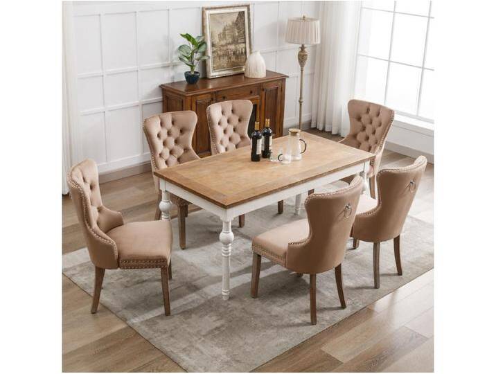 Esszimmerstuhl 6er-Set, Polsterstuhl mit Nagelkopfbesatz, Massivholz-Beinen, Samtbezug, braun, with Türklopfer-Design von Kauf-Unique Marketplace