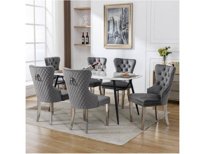 Esszimmerstuhl 6er-Set, Polsterstuhl mit Nagelkopfbesatz, Metall-Stützbeine, Samtbezug, grau, mit Türklopfer-Design Esszimmerstuhl 6er-Set, Polsterstuhl mit Nagelkopfbesatz, Metall-Stützbeine, Samtbezug, grau, mit Türklopfer-Design von Kauf-Unique Marketplace